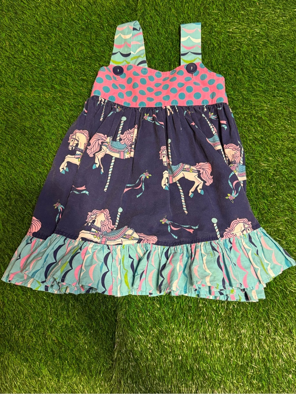Eleanor Rose Navy Carousel Horse Dress with Pink and Teal Accents